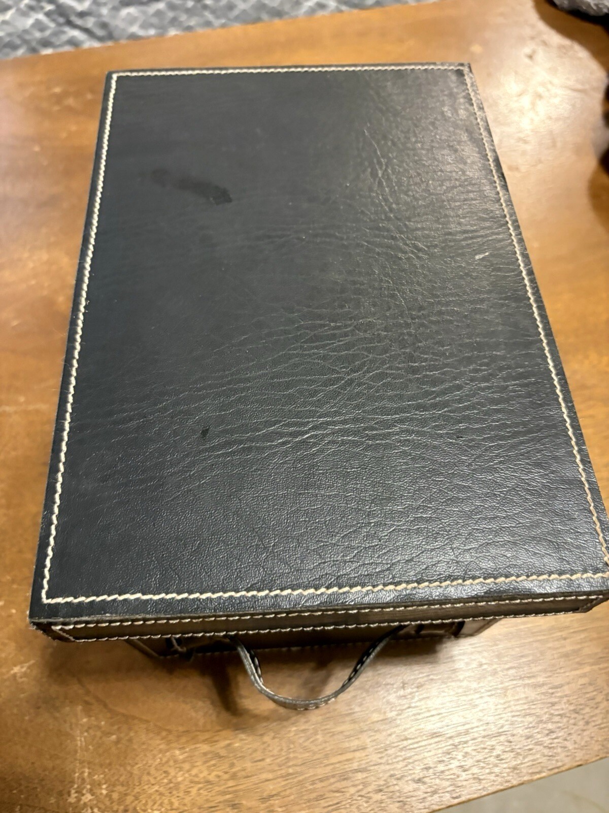 Black Faux Leather Storage Box with Lid & Handle White Stitching