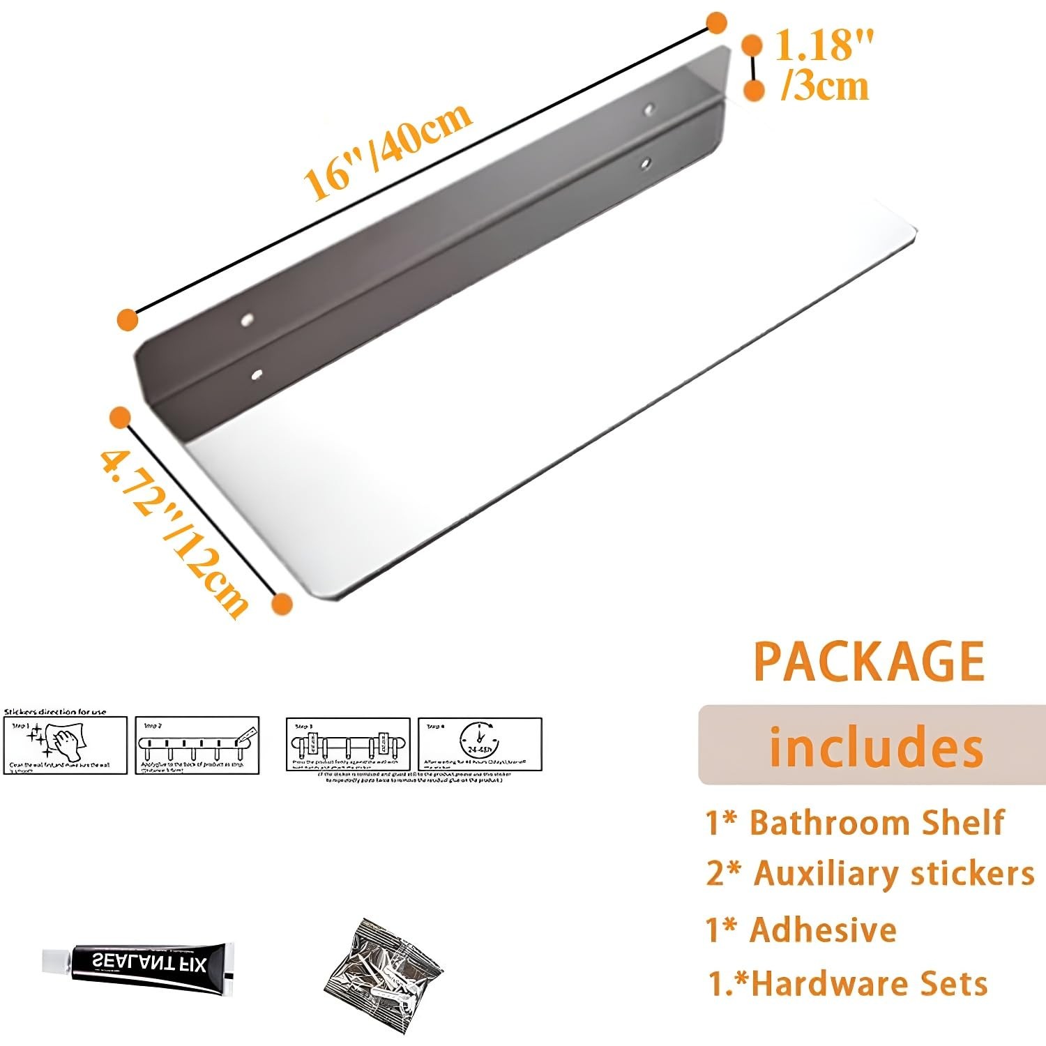 16 Inch Stainless Steel Wall Mounted Floating Shelf Adhesive Bathroom Decor