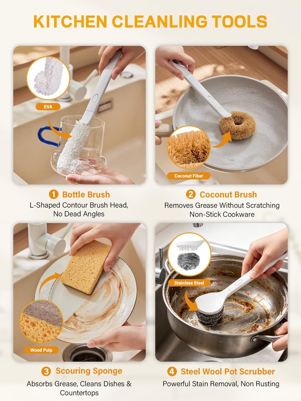 7 Pack Kitchen Cleaning Dish Brush Set with Storage Box for Pan Bottle White