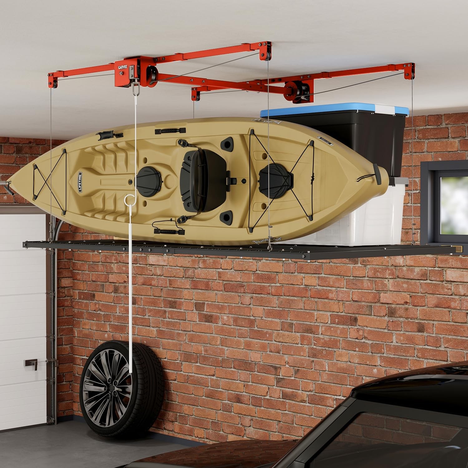 4x8FT Overhead Garage Storage Rack 800LB Capacity Fits 8-14ft Ceiling Hoist