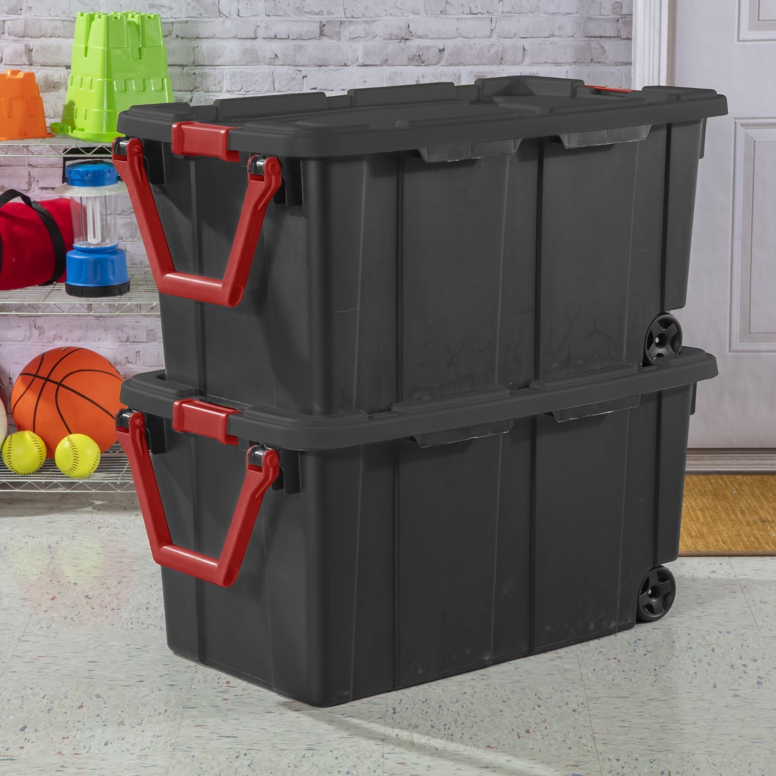 Sterilite 40 Gal Wheeled Industrial Storage Tote Bin Black Set of 4
