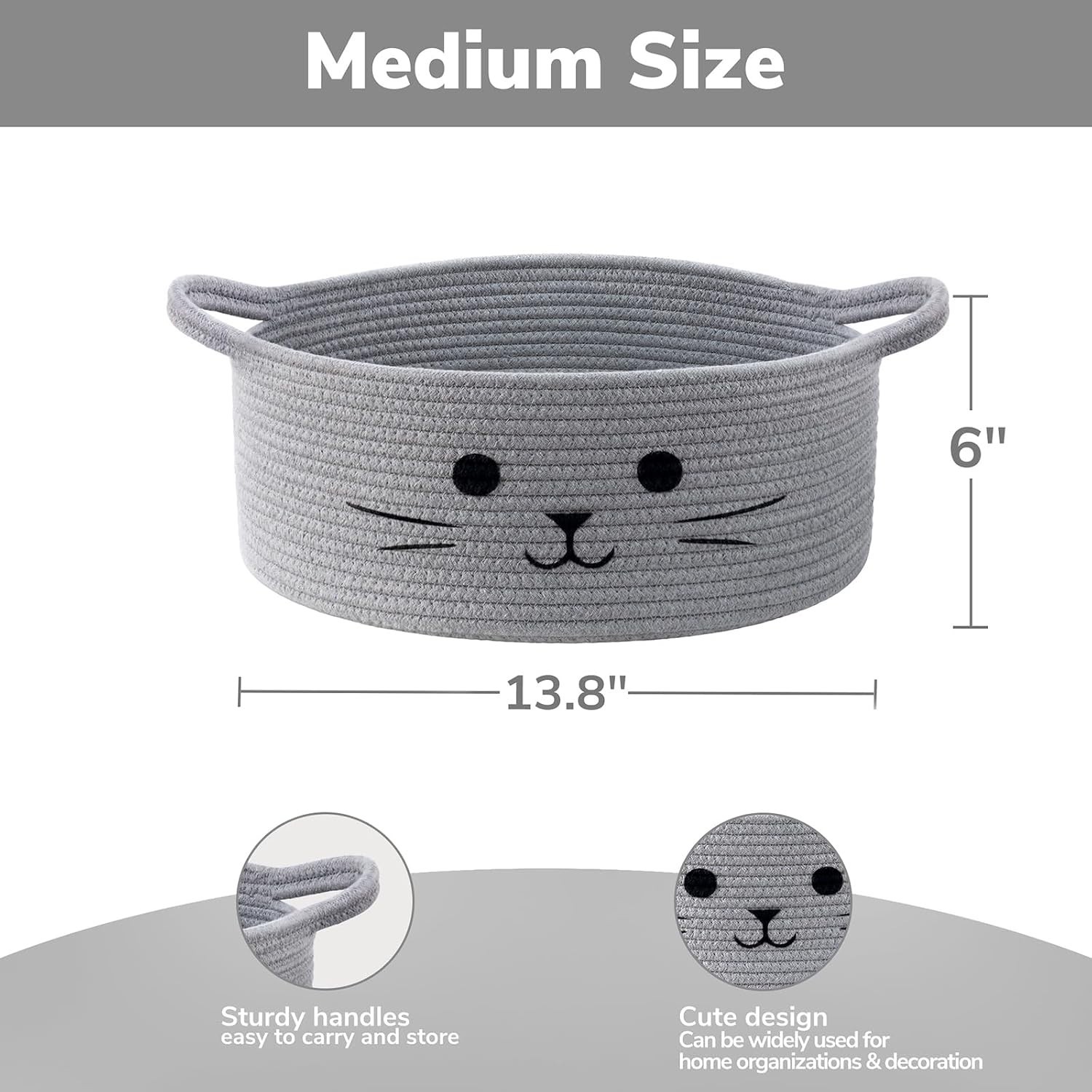Multi-Purpose Cat Toy Storage Basket – Grey, 13.8″ x 6″ for Home & Nursery