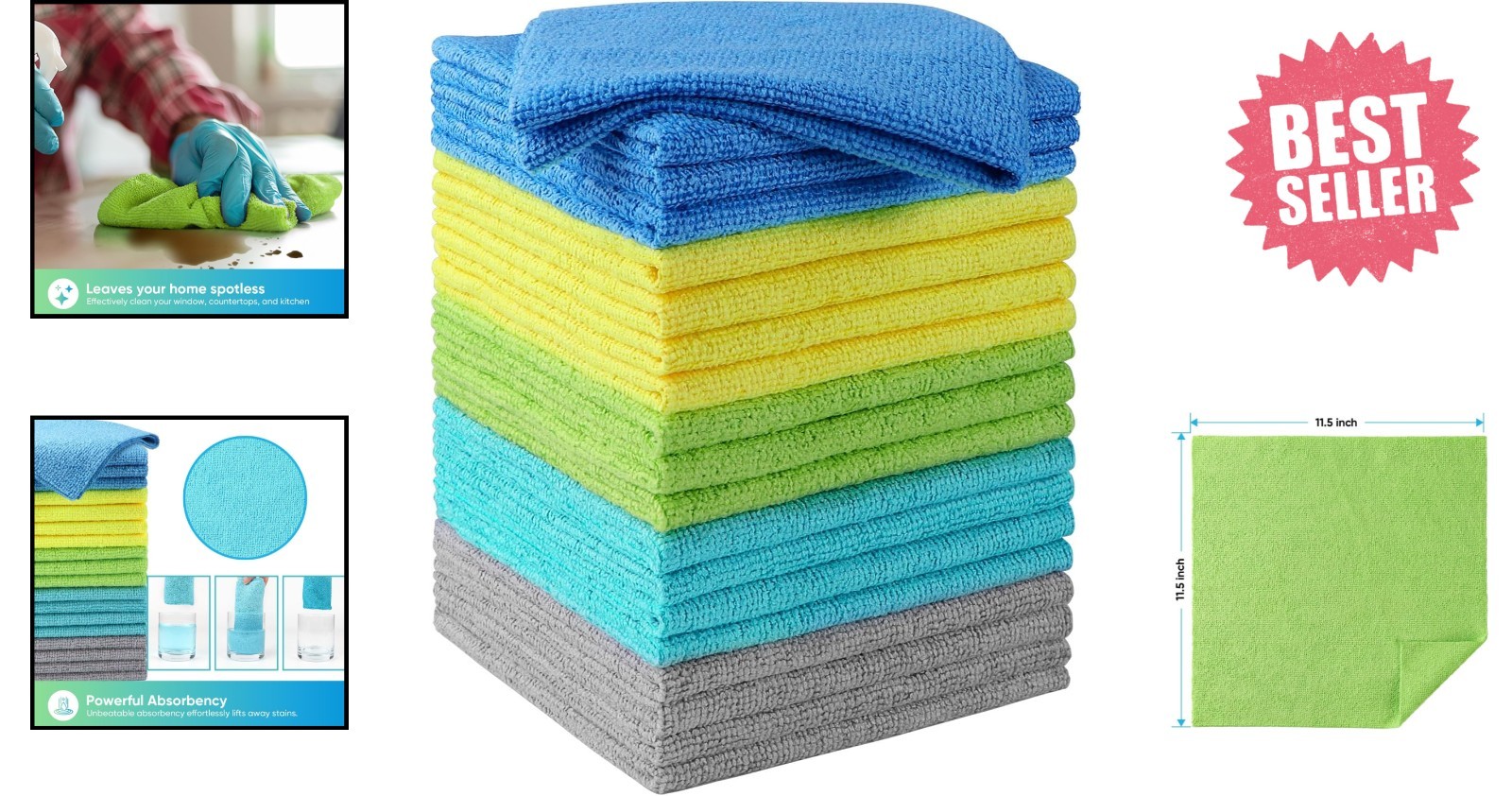 Versatile 20 Pack Microfiber Cleaning Rags – Lint-Free and Quick-Dry, 11.5×11.5