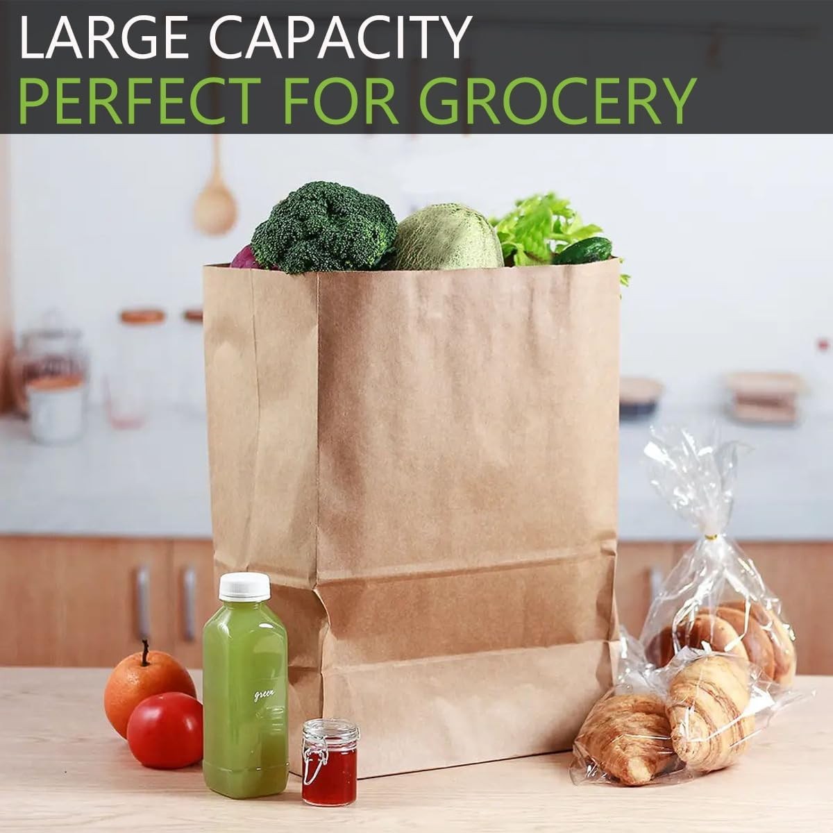 Medium Sized Kraft Paper Grocery Bags, 12.9×5.5×9.8 inch, 12