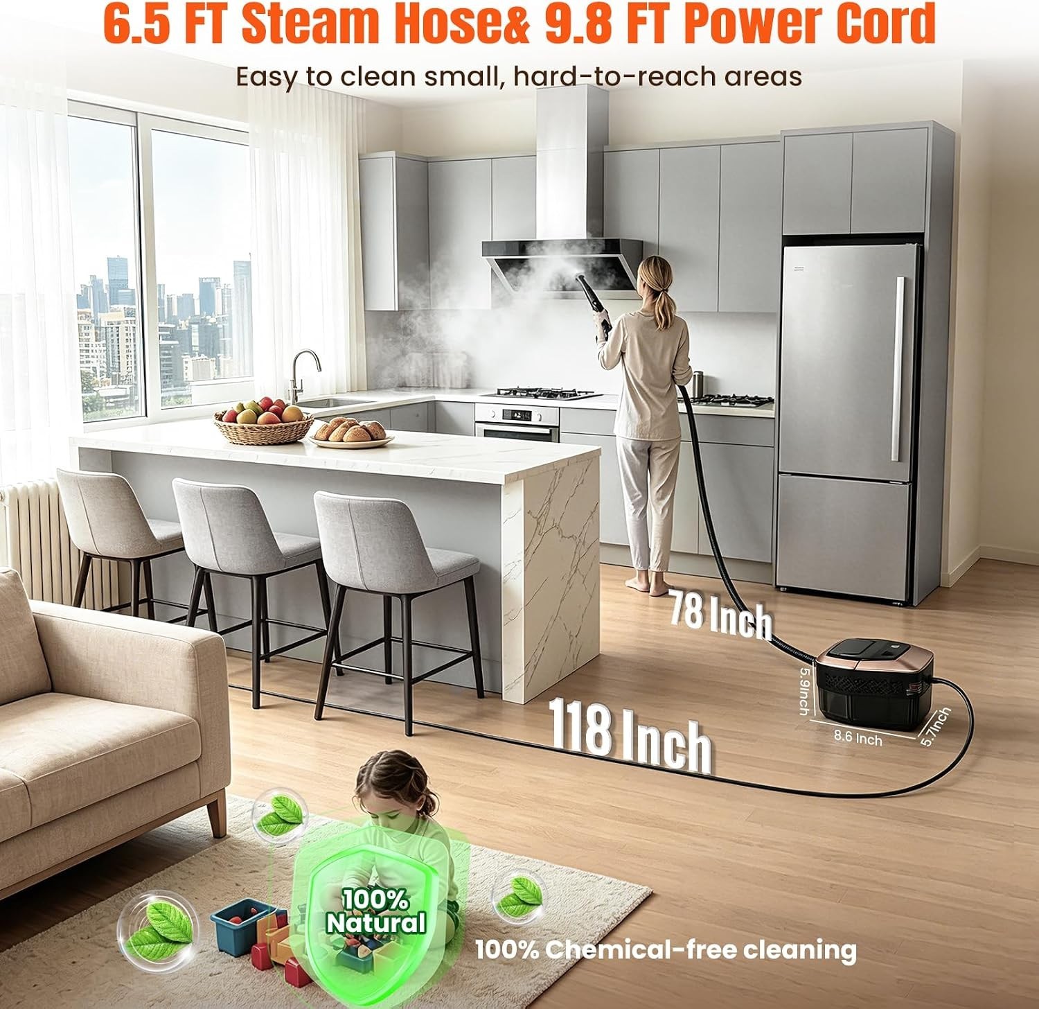 Steam Cleaner for Home & Car, 3-Level Adjustable Steamer for Cleaning, 15s He…