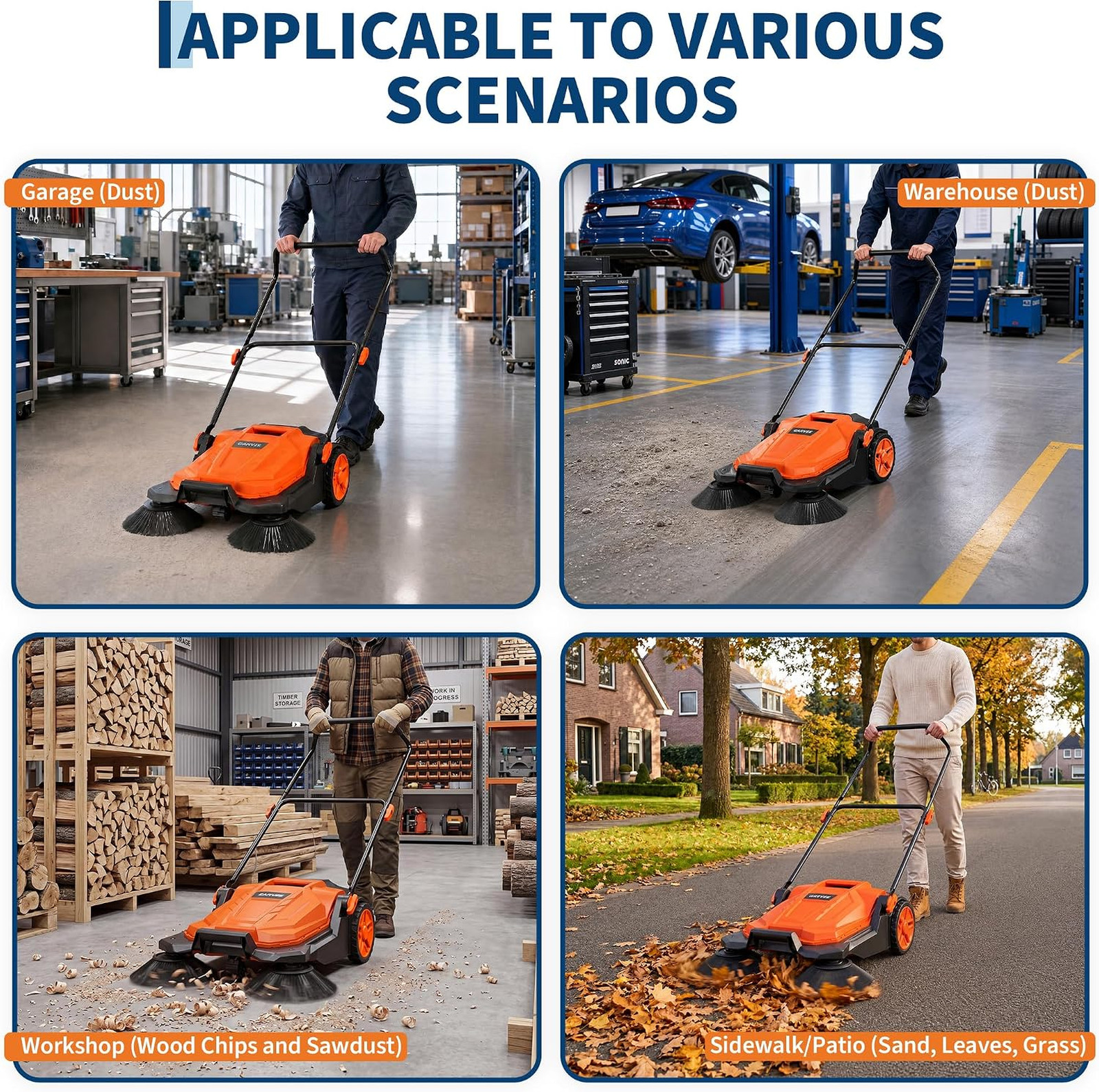Walk-Behind Floor Sweeper 25.6 Inch Sweeping Width Manual No Electric Durable