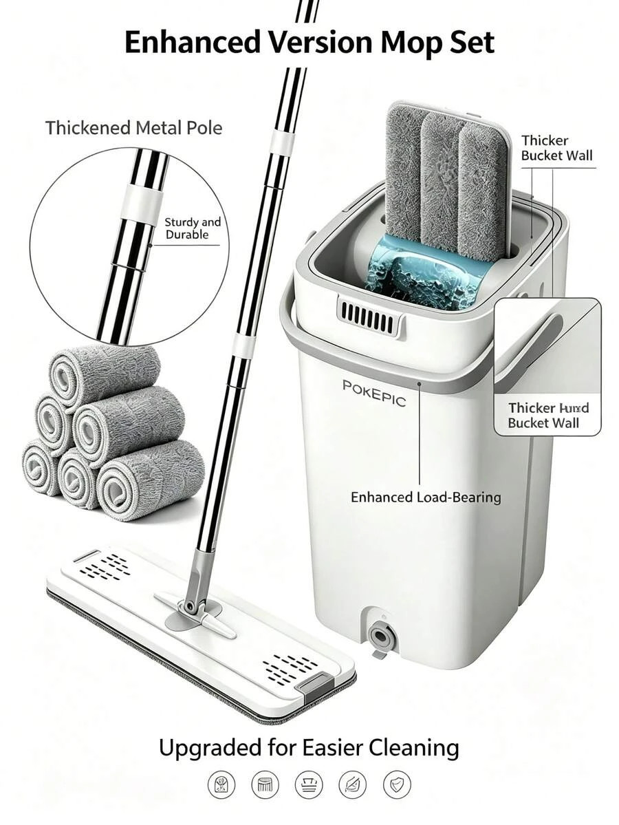 Mop Bucket Wringer Set 6 Reusable Microfiber Pads Wet Dry