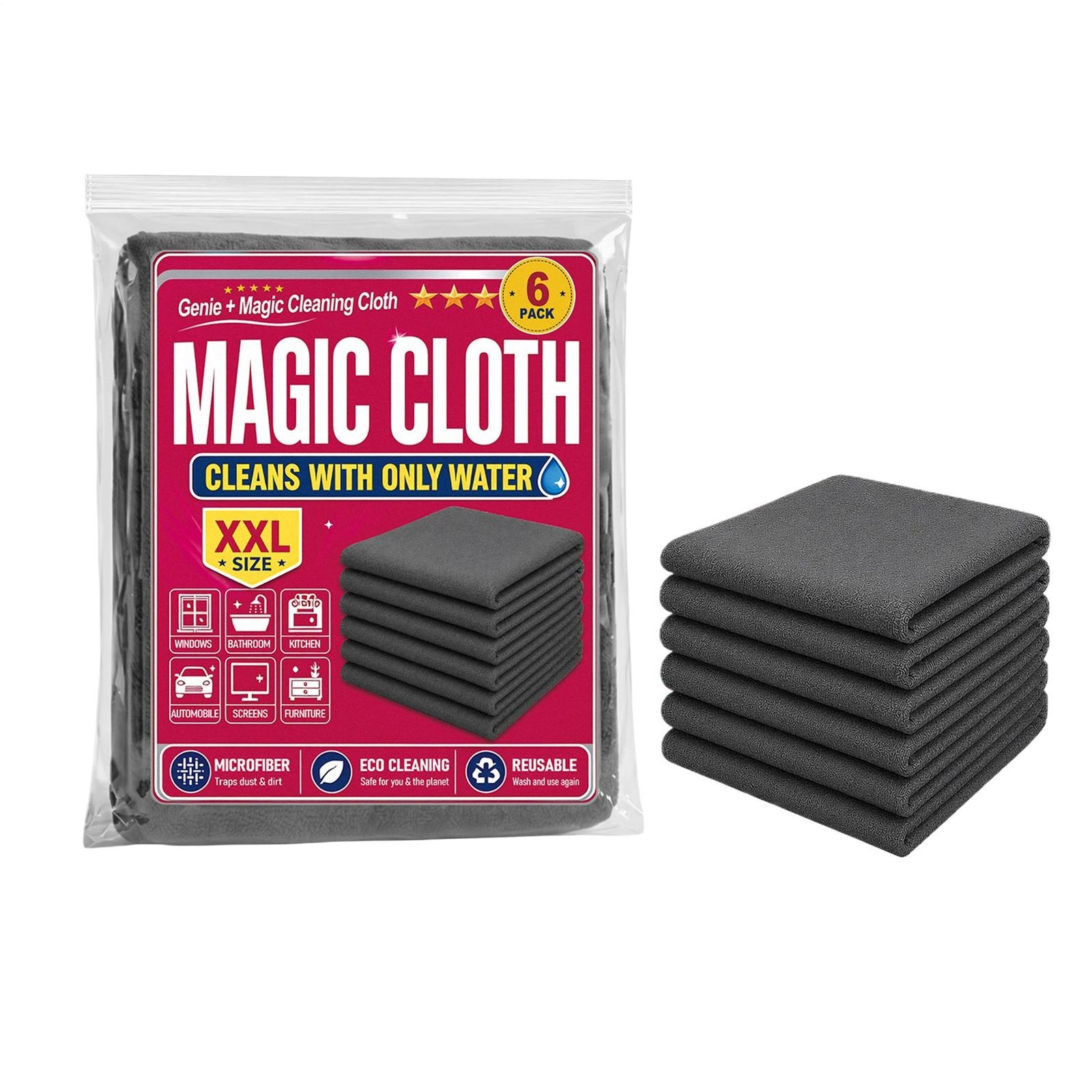 Genie Magic Cleaning Cloth, 6 Pack Microfiber Cleaning Cloths, Streak-Free & Lin
