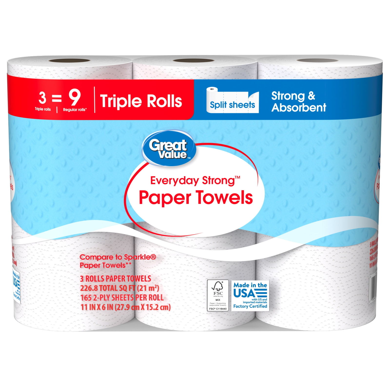Everyday Strong Paper Towels, Split Sheets,3 Triple Rolls, Compare to Sparkle®