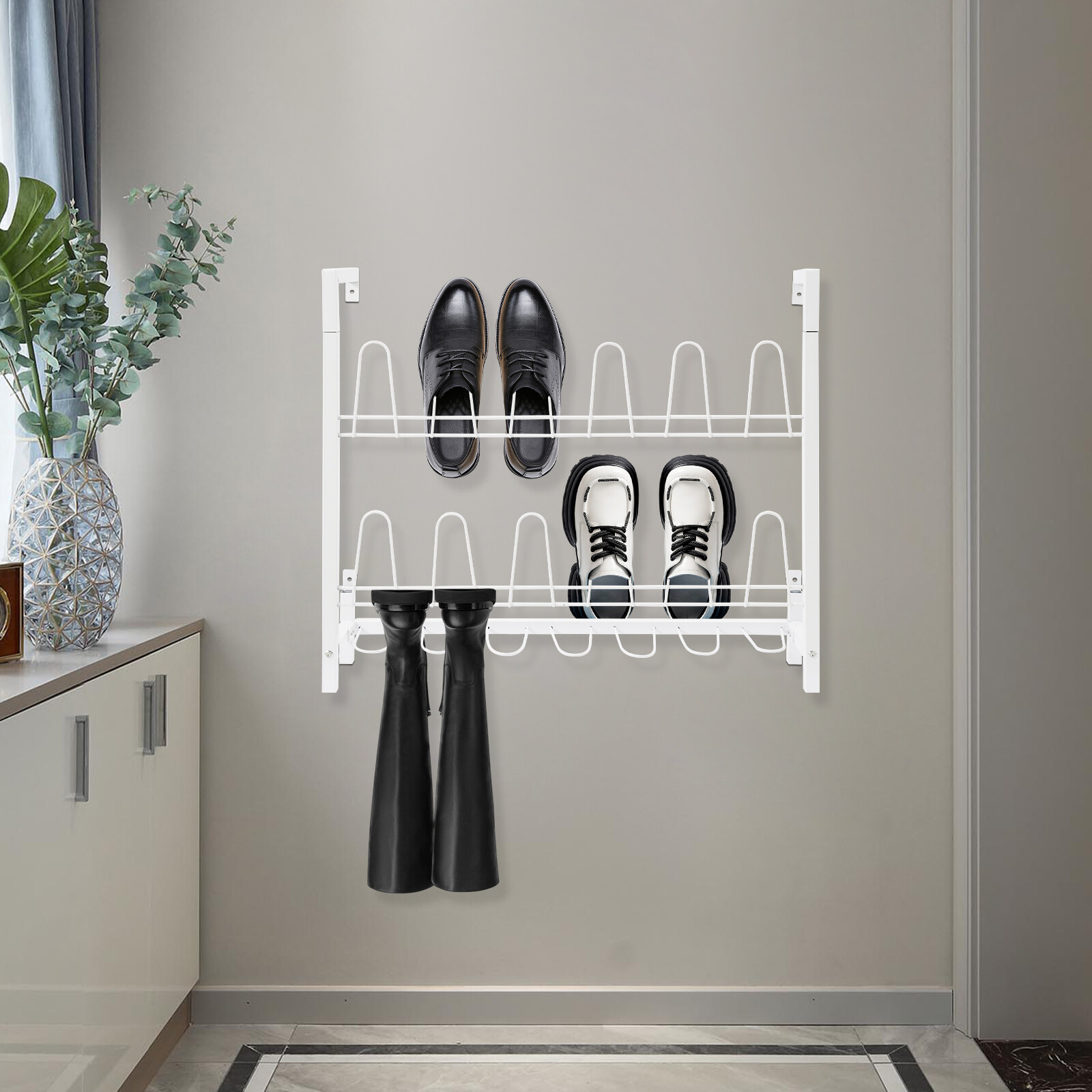 3 Tier Wall Mounted Shoe Rack, White Metal Wire Boot Rack Hanging Shoe Organizer