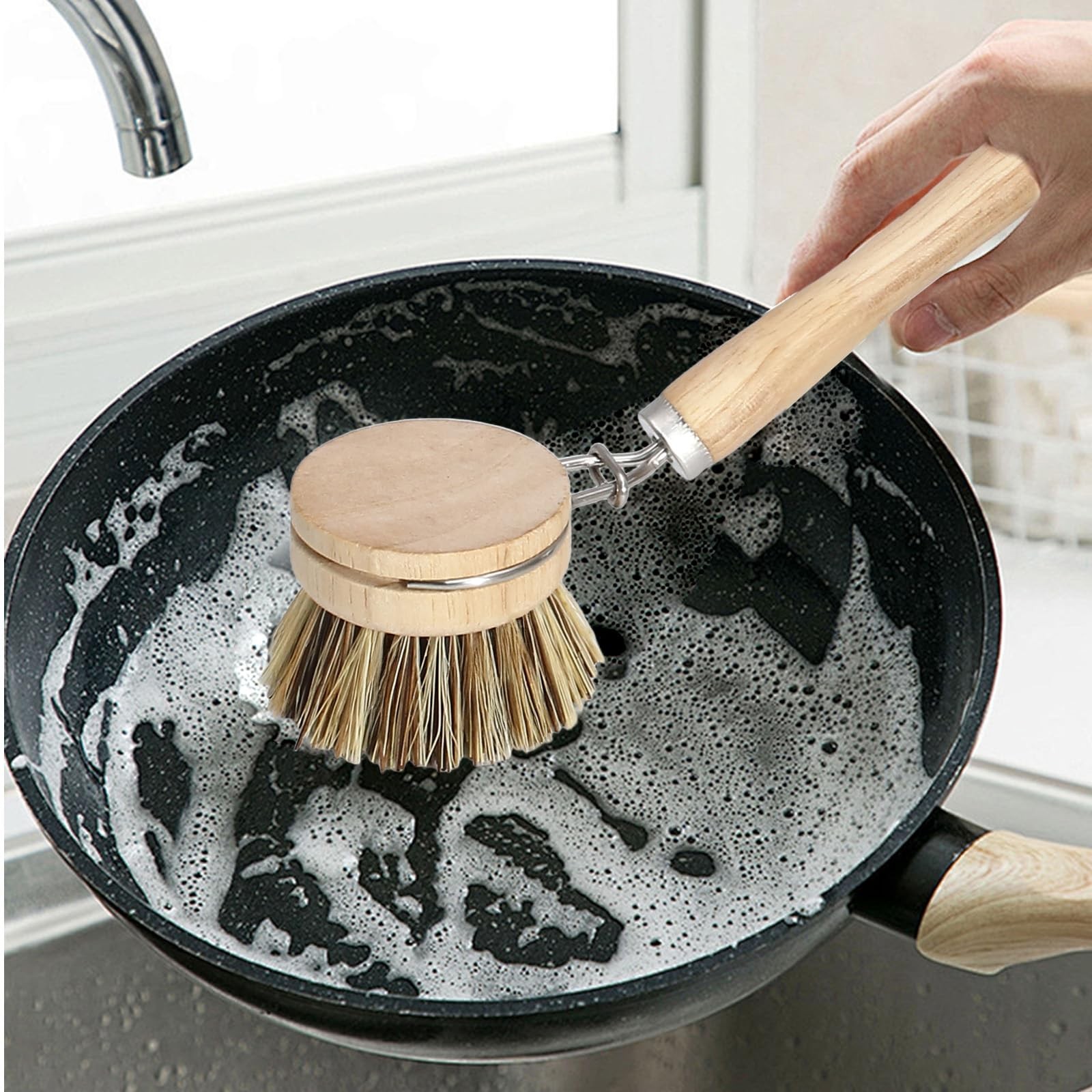 4PCS Wooden Dish Brush Set Natural Palm Bristles Wood Handle for Eco Kitchen