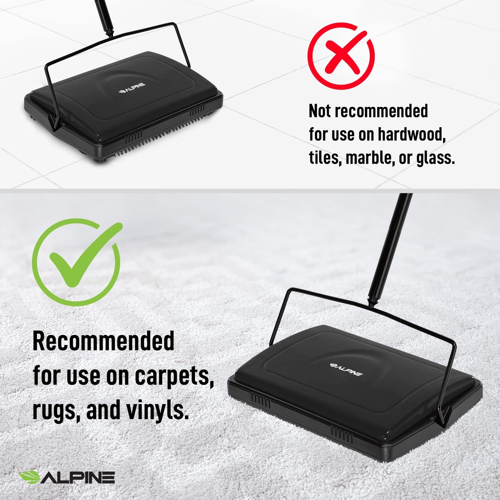 Alpine Manual Carpet Sweeper Triple Brush – Cordless Non Electric Multi-Su