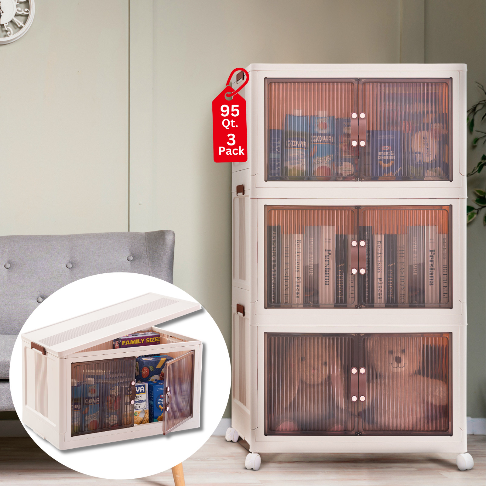 3 Pack – Collapsible Storage Cabinet – Foldable Storage Bins with Doors – 95 QT