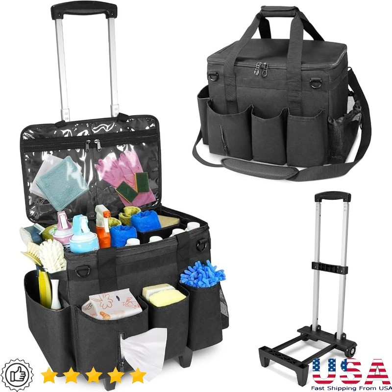 Rolling Cleaning Caddy Bag with Detachable Trolley & Lid Portable Large Bag