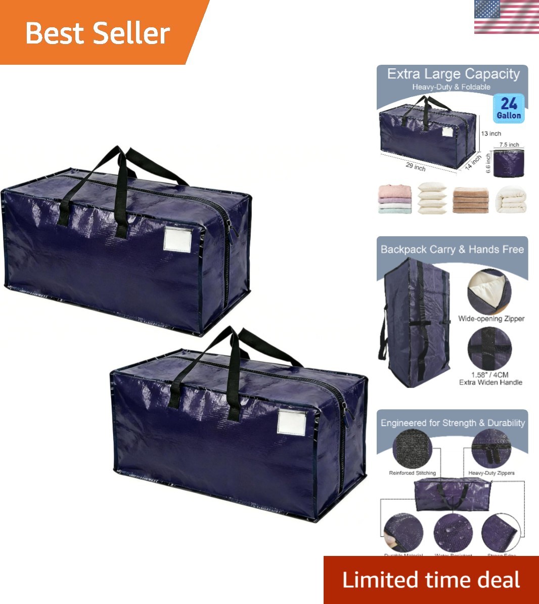 Durable Navy Blue Moving Bags with Straps – Perfect for Storage & Travel, 2 Pack