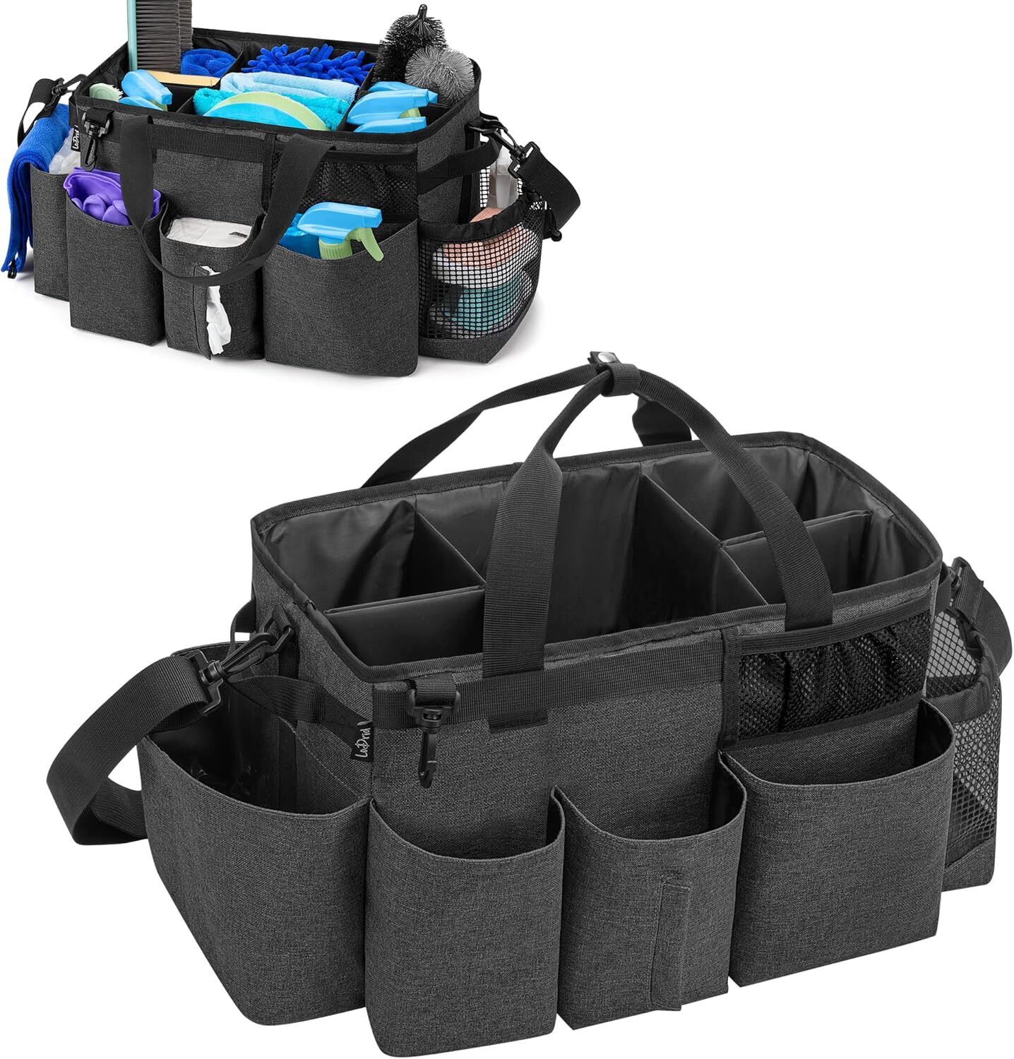 Large Wearable Cleaning Caddy Bag with 4 Foldable Dividers, Cleaning Supply Tote