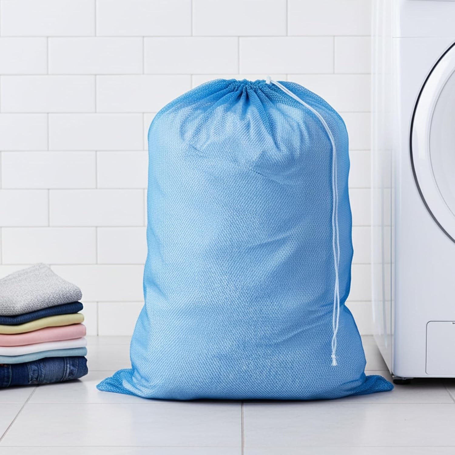 Lightweight Drawstring Mesh Laundry Bag in Blue – Perfect for Easy Transport