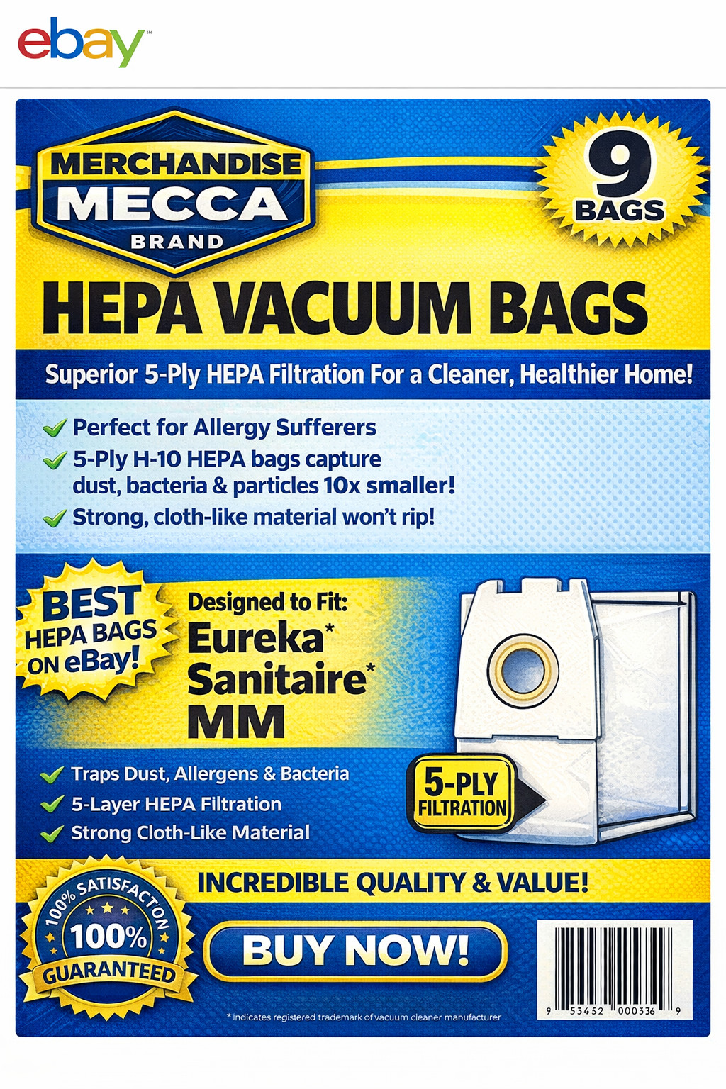 9 PREMIUM HEPA VACUUM BAGS TO FIT EUREKA MM STYLE