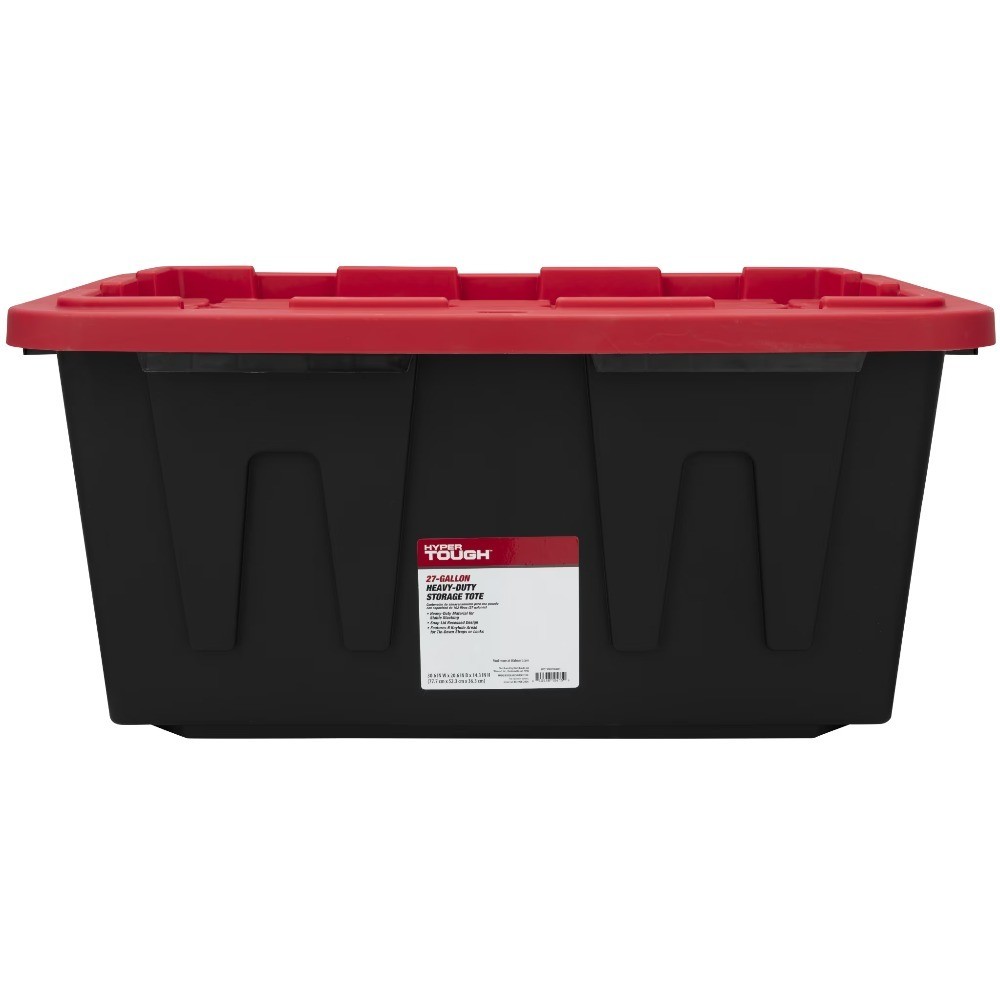 (Pack of 4) 27 Gallon Large Storage Bin with Snap Lid, Black and Red, Heavy