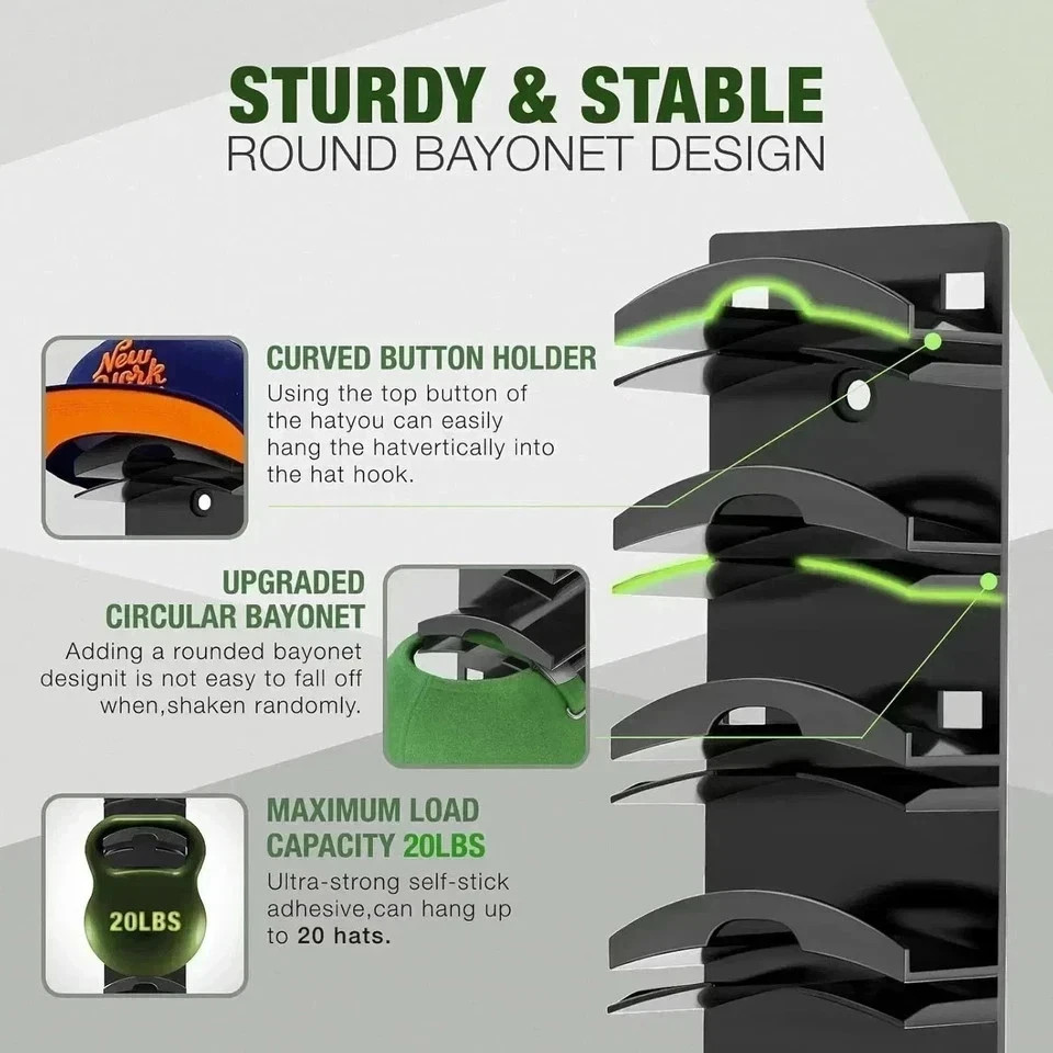 2 Pack Hat Organizer for Baseball Caps, Hat Rack for Wall with Strong Adhesive H