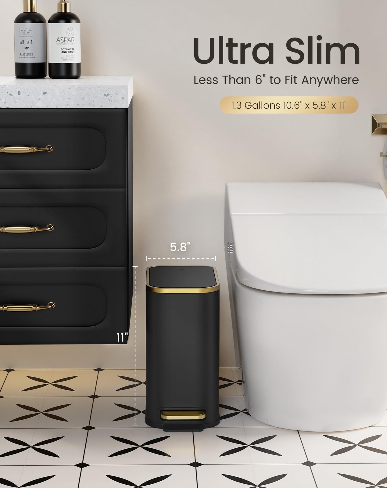 1.3 Gallon 5L Small Bathroom Trash Can with Lid Soft Close Black Gold