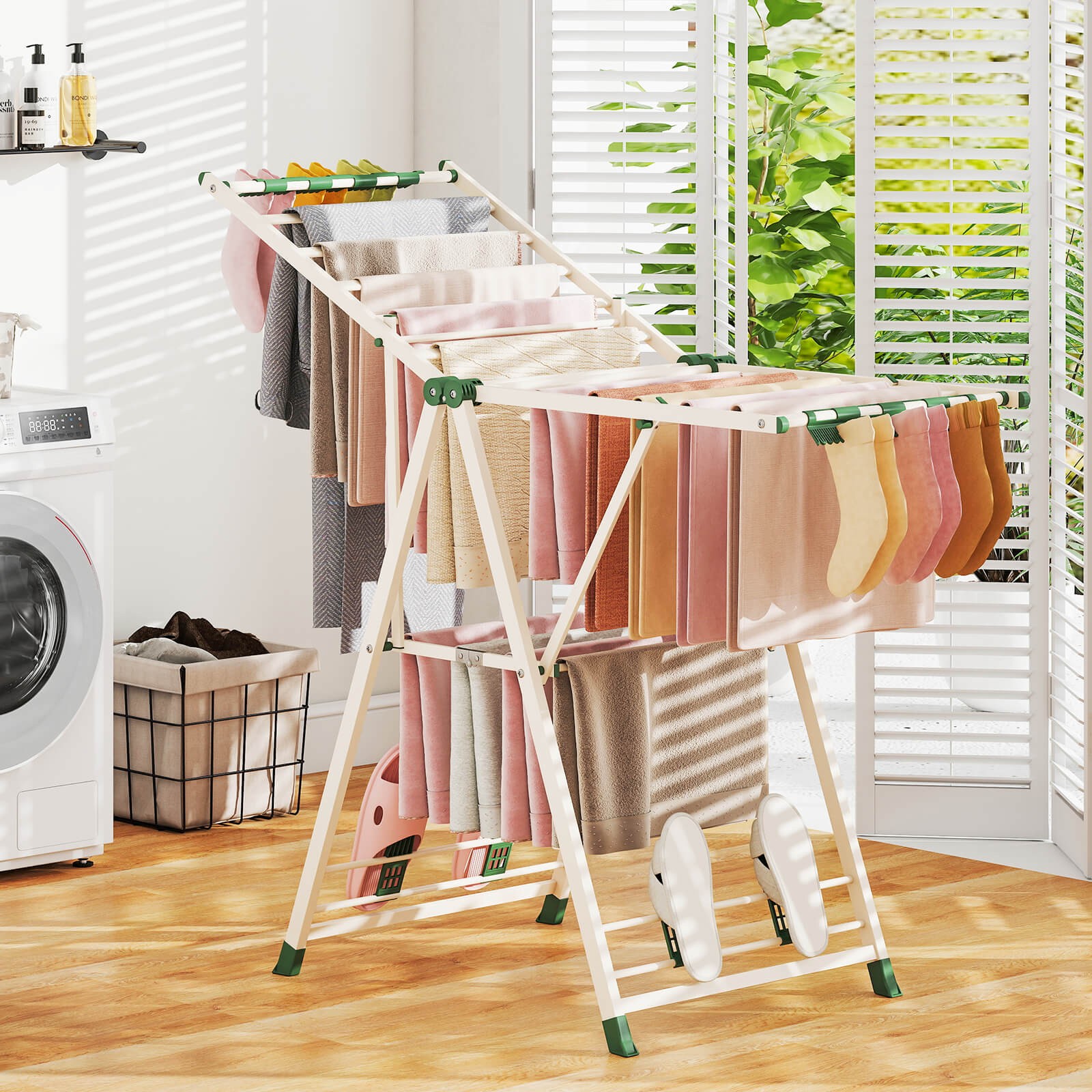 Foldable Metal Laundry Drying Rack w/Height Adjustable Wings, 16 Drying Rails