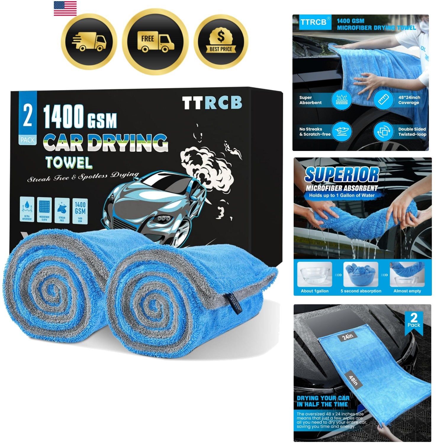 2 Pack Car Drying Towels 48″ x 24″, Extra Large Microfiber Towels for Cars, 1…