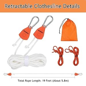 19FT Retractable Clothesline Outdoor with Ratchet Pulley | Portable Travel