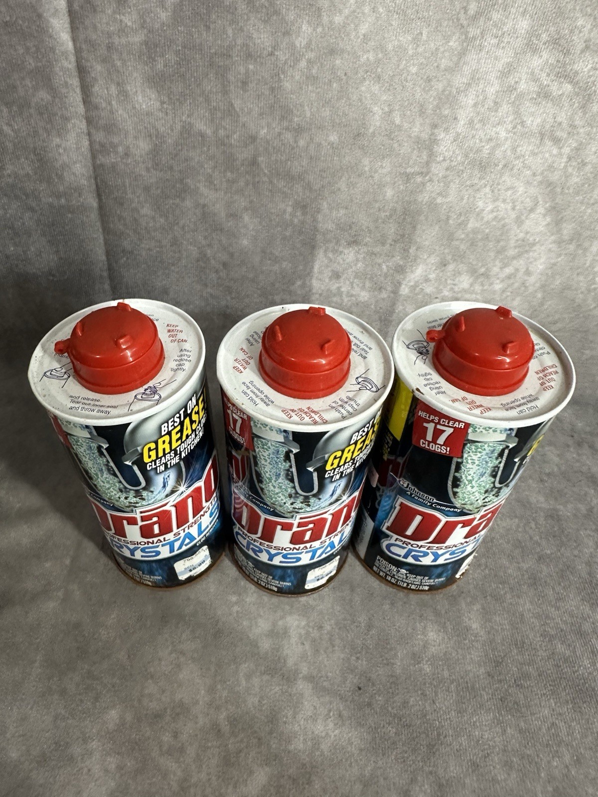 (3) New Drano Crystals Professional Strength Clog Remover 18oz Each