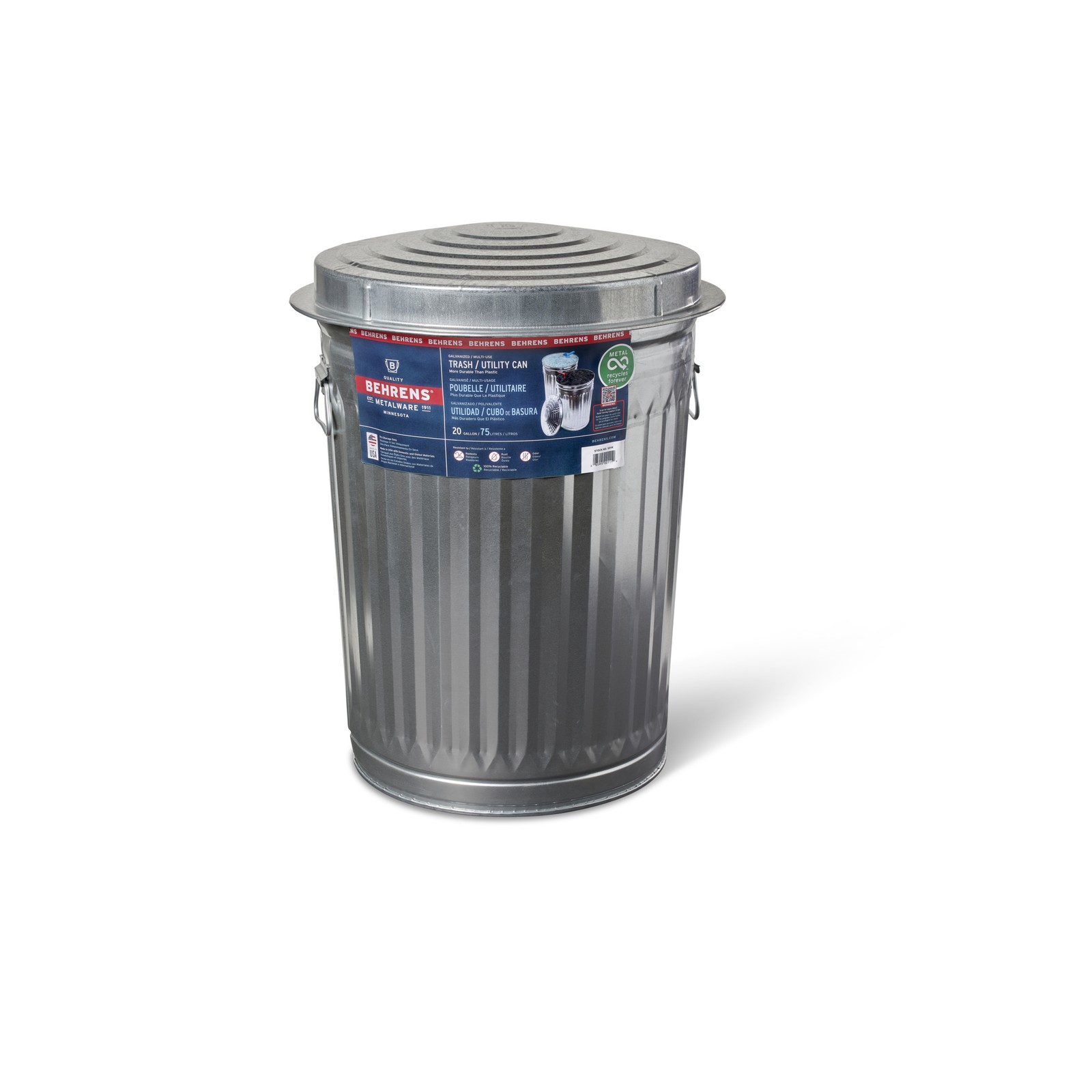 Behrens Galvanized Steel Utility Trash Can with Lid, 20 Gal., Model# 00111K