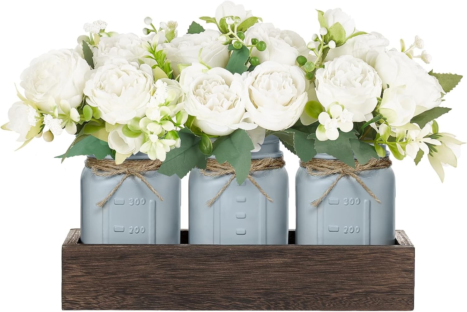 Mason Jar Table Centerpiece Decorative Wood Tray with 3 Painted Jars Artificial