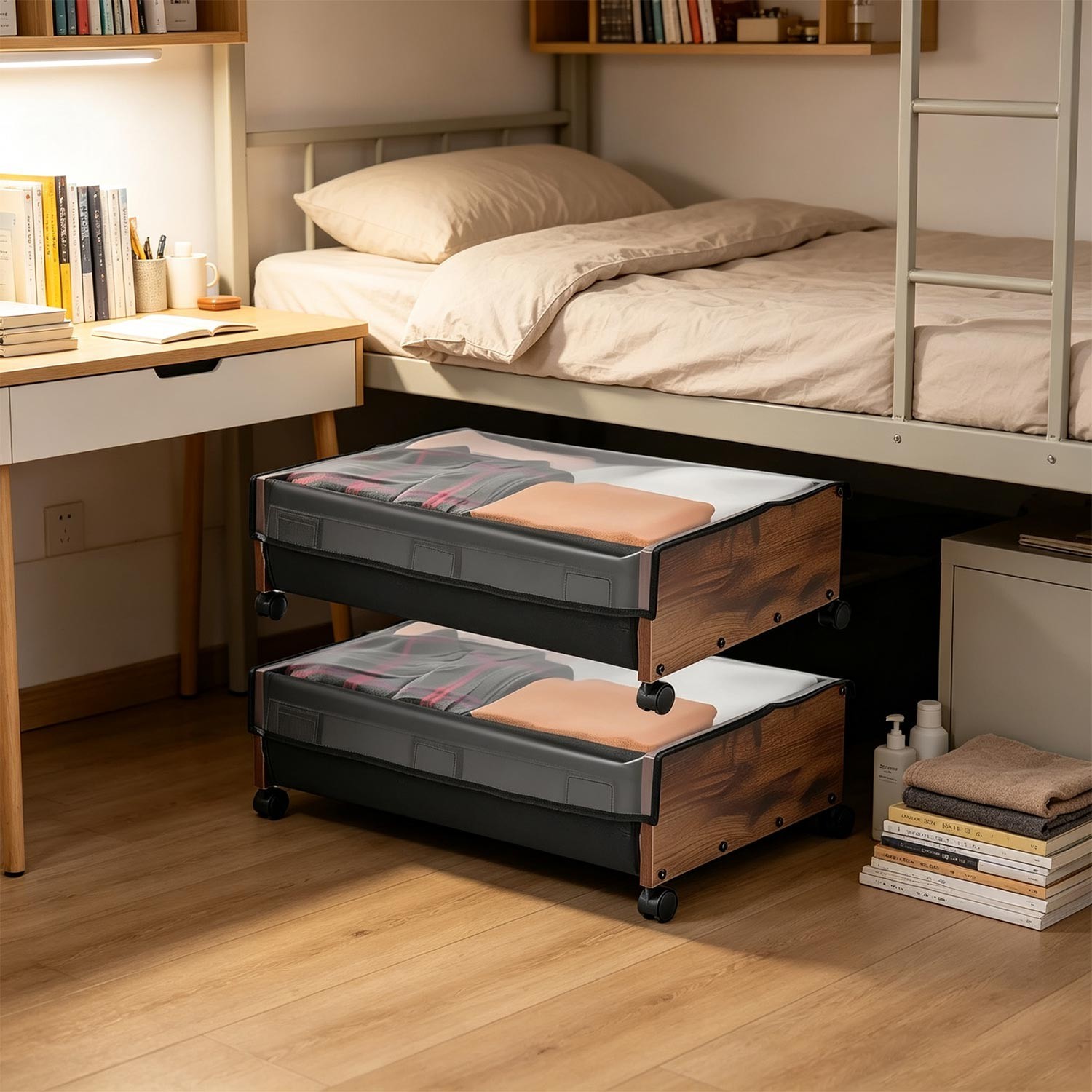 25.6in Under Bed Storage with Wheels 2 Pack Rolling Organizer Bags Clothes Shoes
