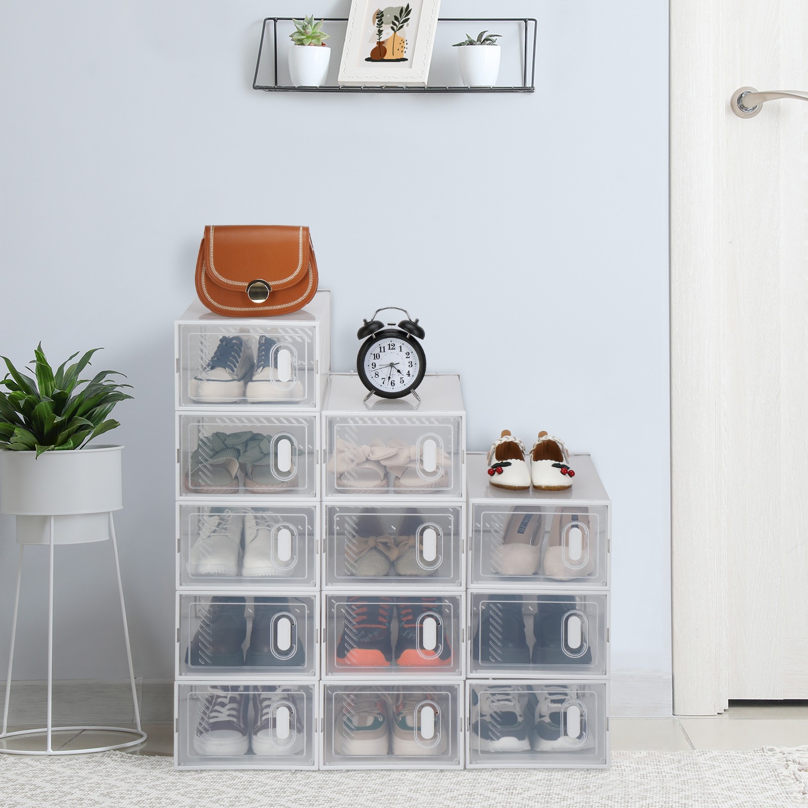 Shoe Storage Boxes 12 Pack Clear Plastic Stackable – White High Quality