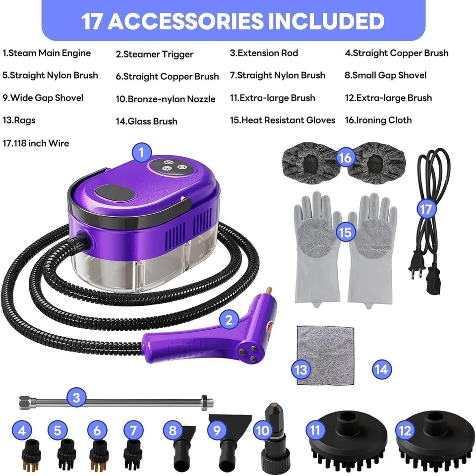Fast Heating Handheld Steam Cleaner – 15-in-1 High Pressure for Home & Car