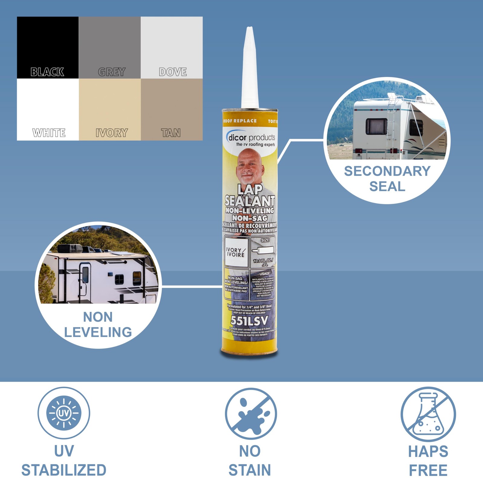 Dicor 551LSV-1 Non Leveling Lap Sealant Tube Ivory 10.3 Oz RV Roof Waterproof
