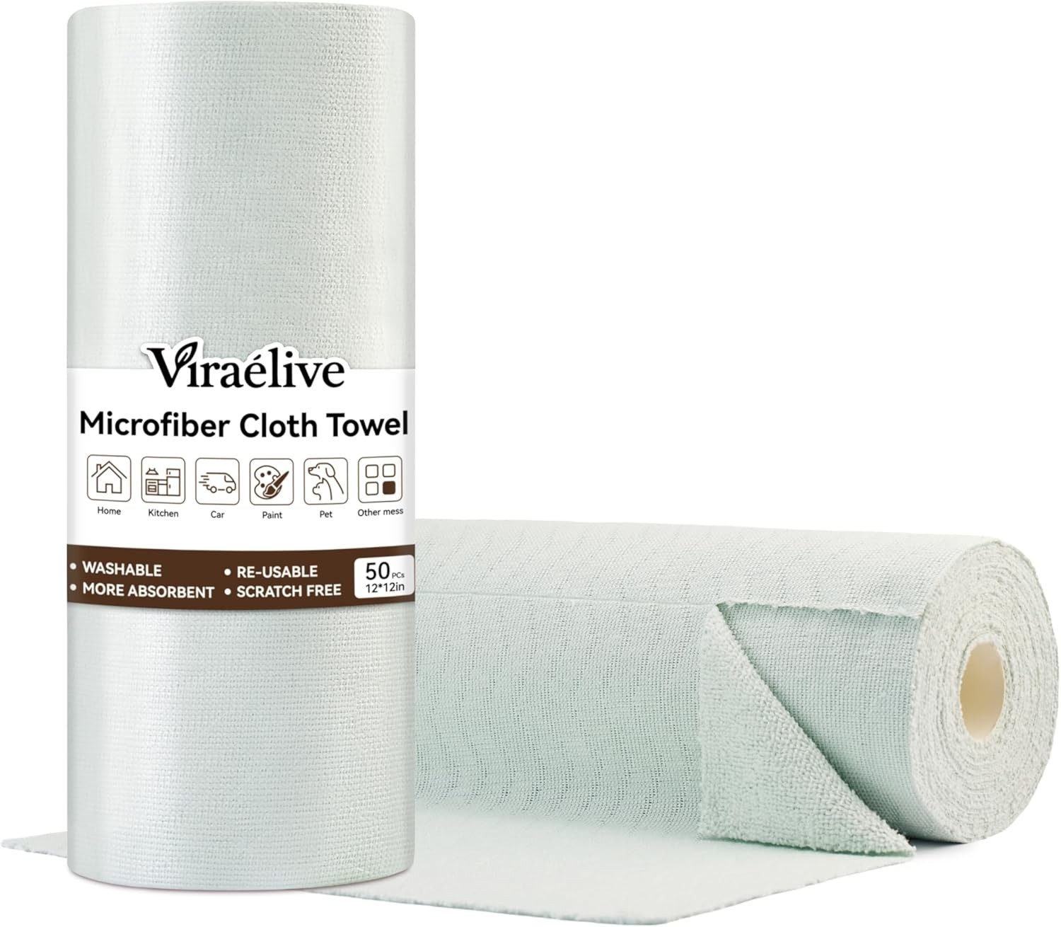 Microfiber Cleaning Cloth Roll, 50 Tear-Away Sheets, Reusable & Washable, Lin…