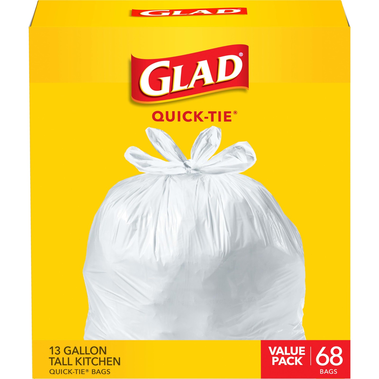 Glad Quick Tie 13 Gallon Tall Kitchen Trash Bags 68 Count Strong & Sturdy