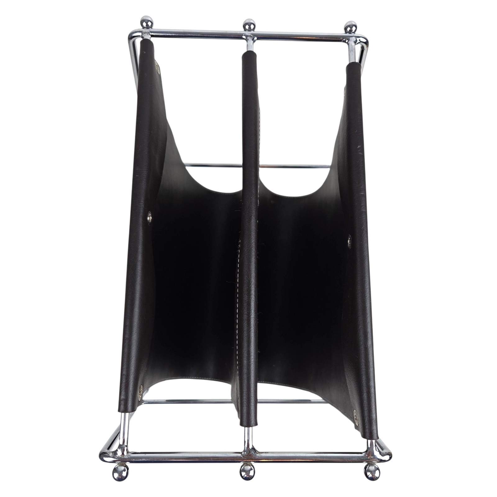 Mid Century Jacques Adnet Style Leather Grain Black Vinyl Chrome Magazine Rack