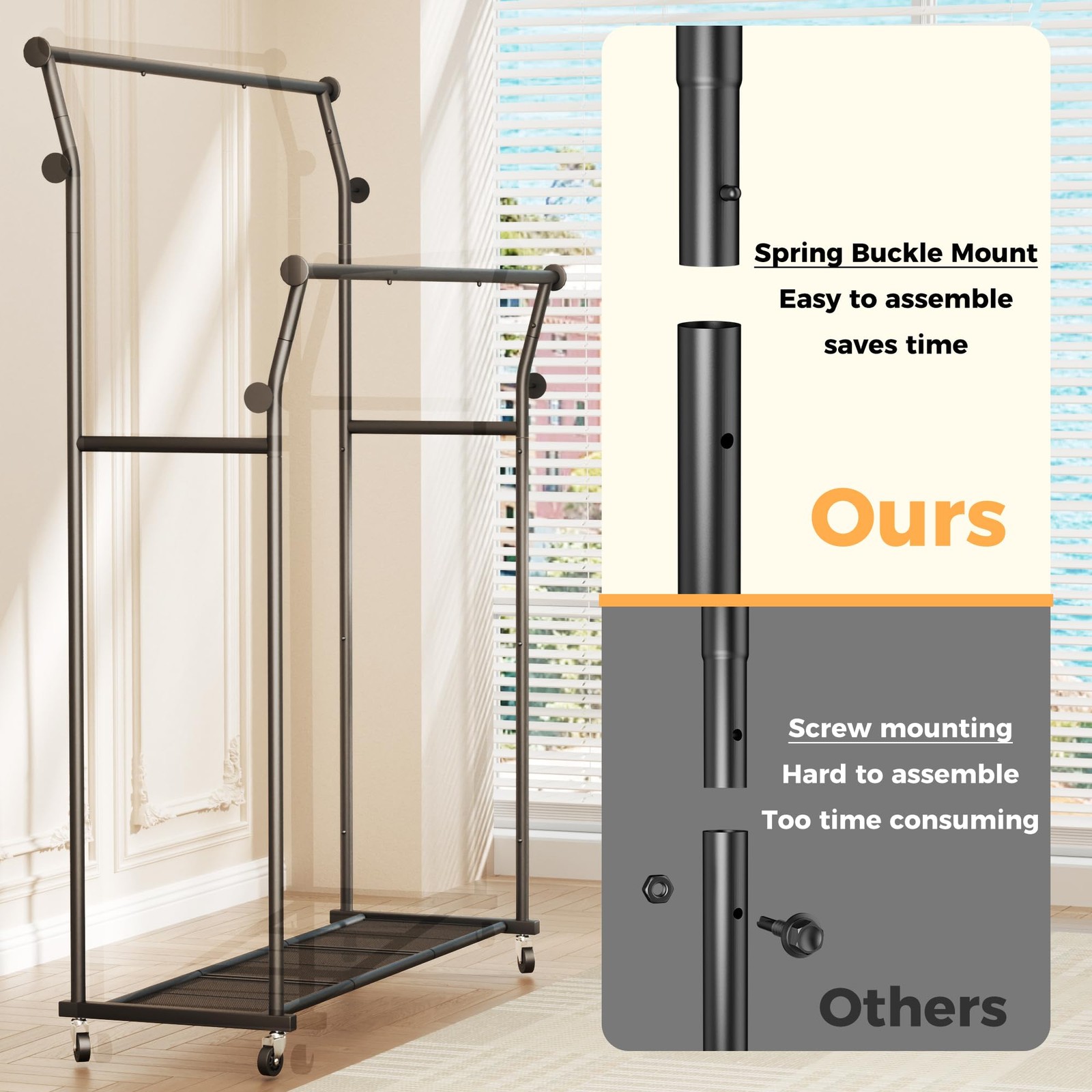 Double Rods Clothes Rack, Rolling Clothing Rack for Hanging Clothes with Hook…