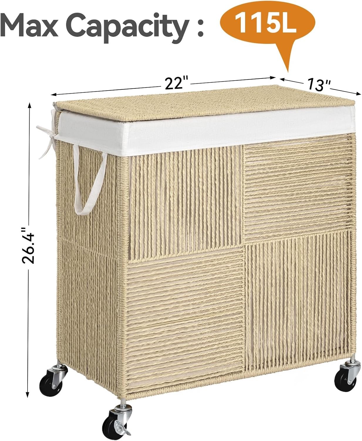 Double Laundry Hamper Lid Handwoven Rolling Laundry Basket W/ Wheels 115L
