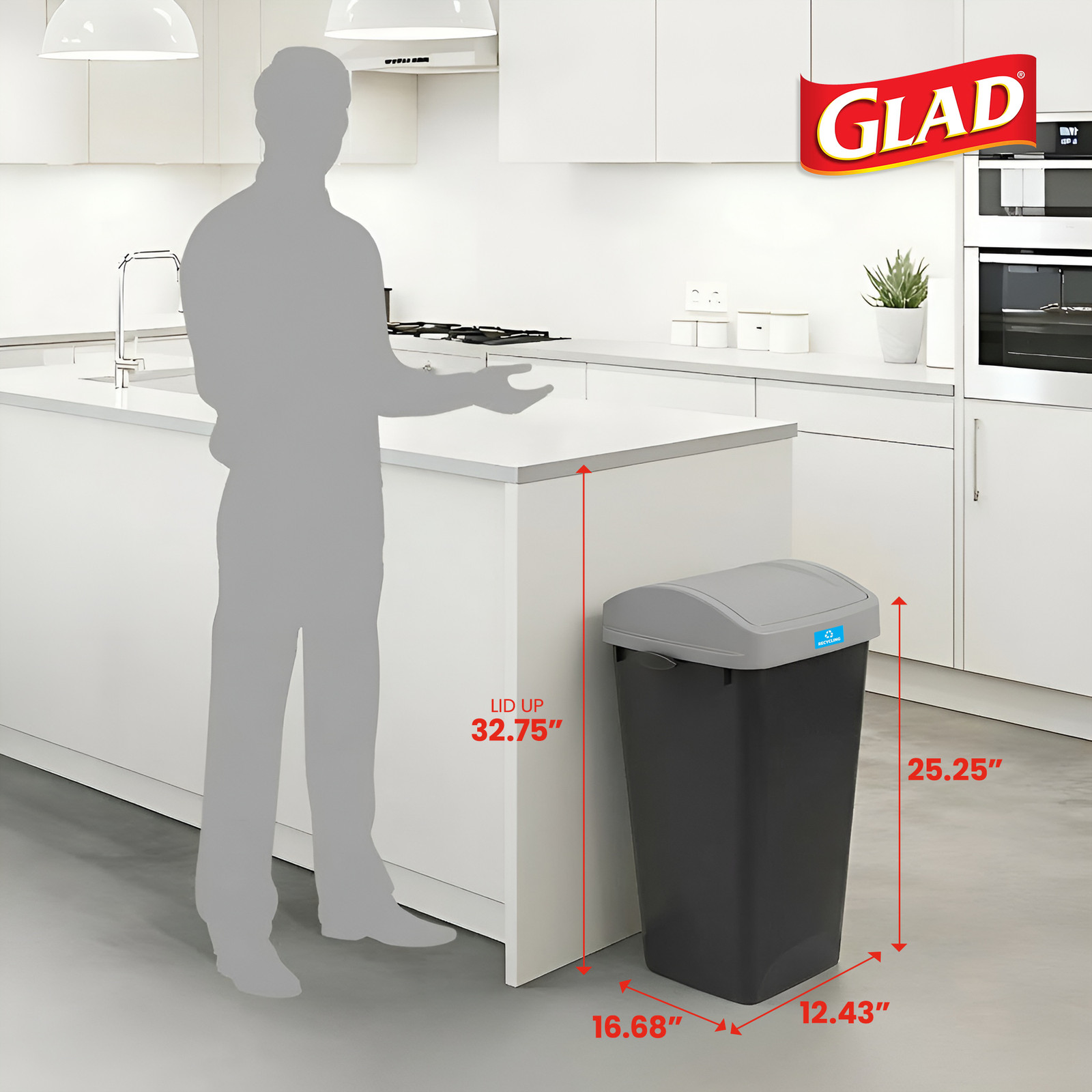 Glad Link & Sort 3-Piece Waste and Recycling Bin with Lid Set, 36 Gallon, Black