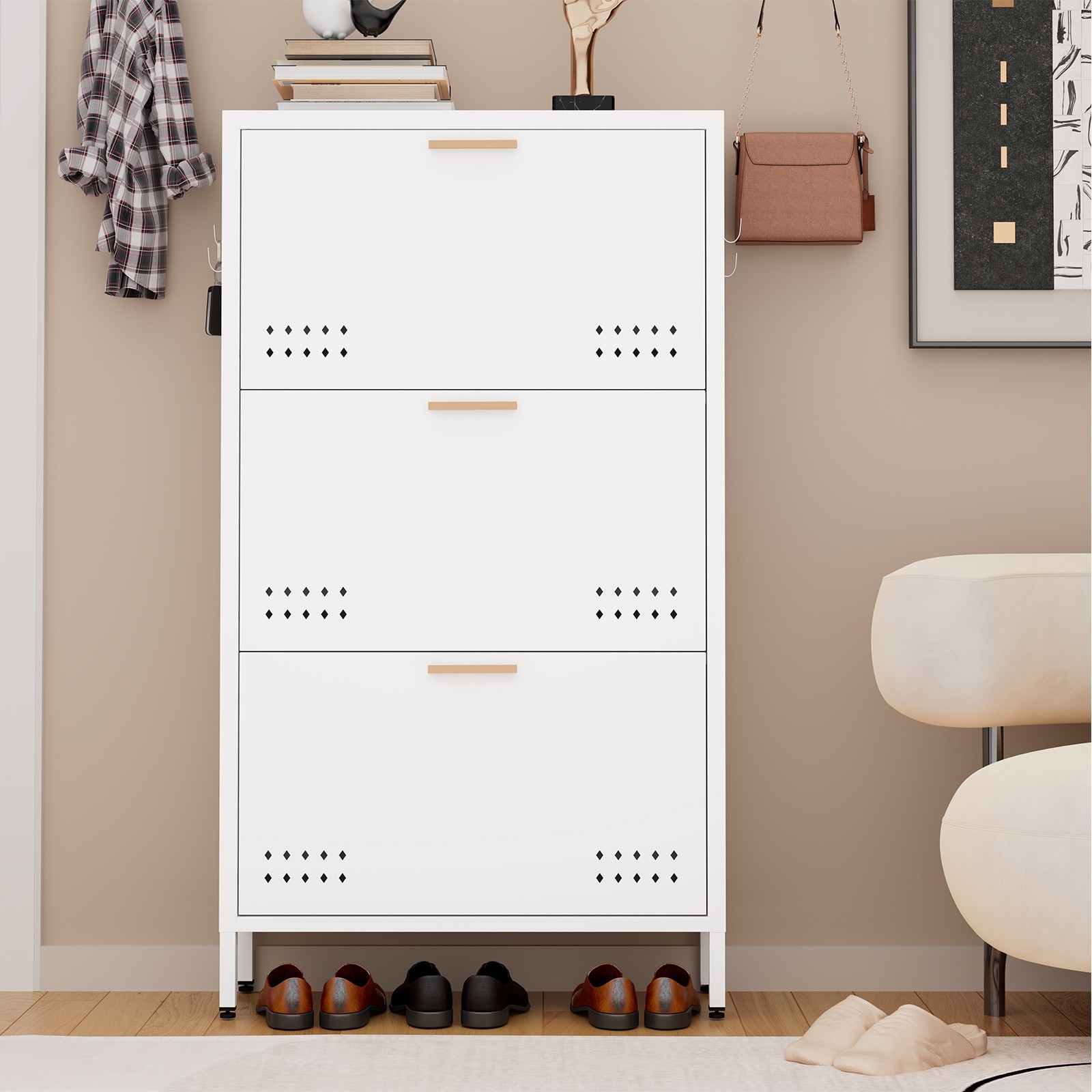 Shoe Cabinet with 3 Flip Drawers, Hidden Metal Shoe Cabinet for Entryway Hallway