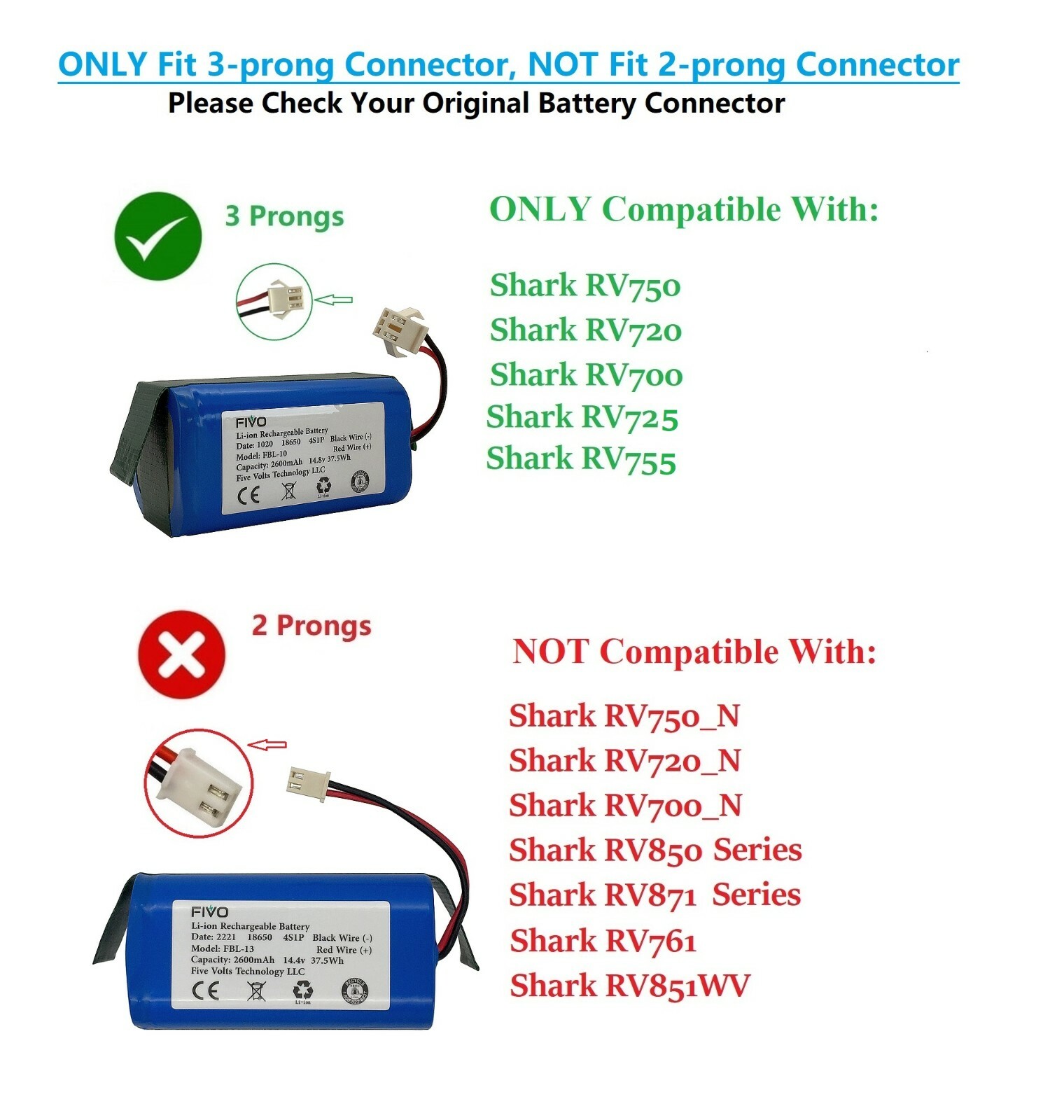 Replacement Battery for Shark Ion RV750 RV720 RV725 RV700 Models (3-prongs plug)