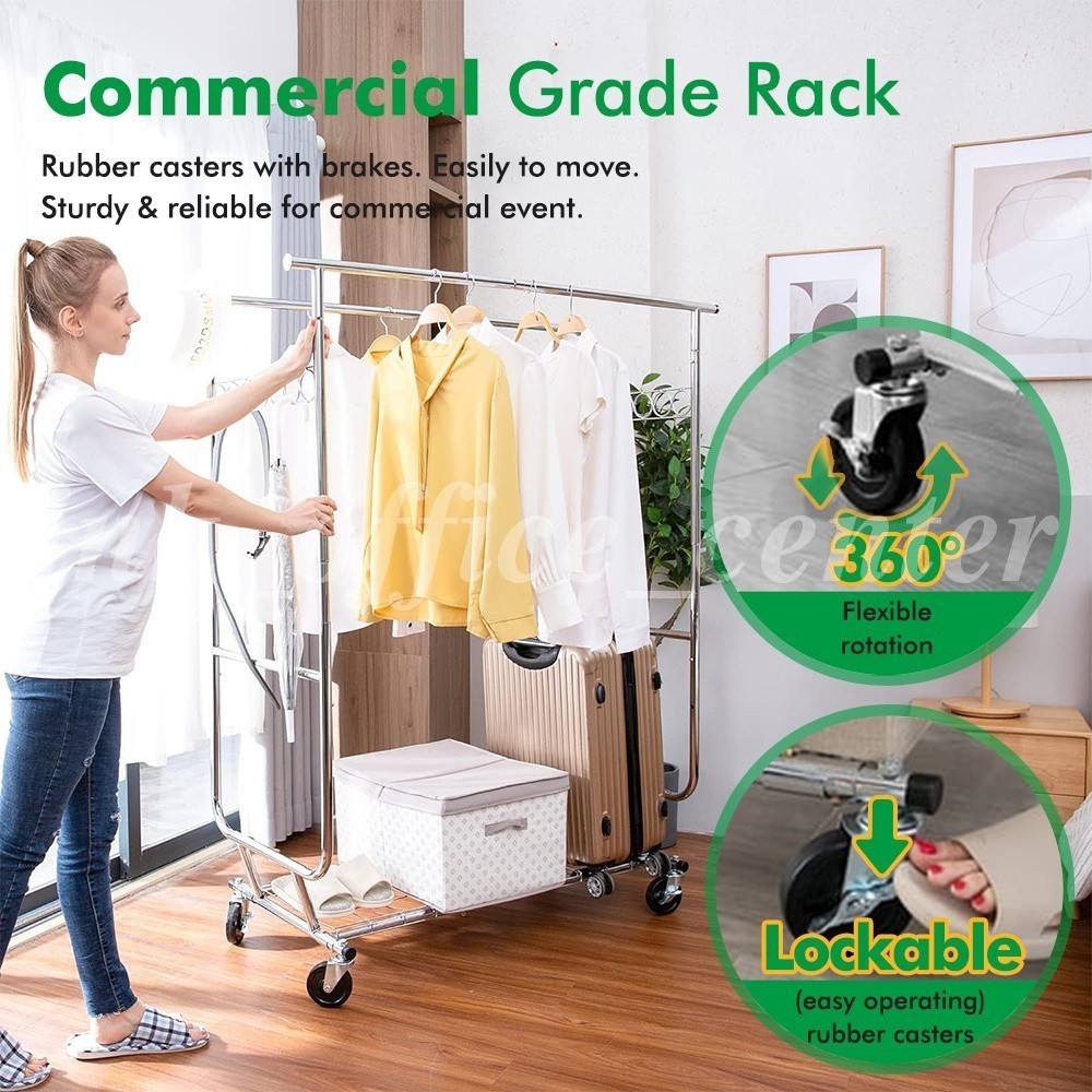 Heavy Clothing Garment Rack Metal Pipe Rolling Clothes Organizer Double Rails