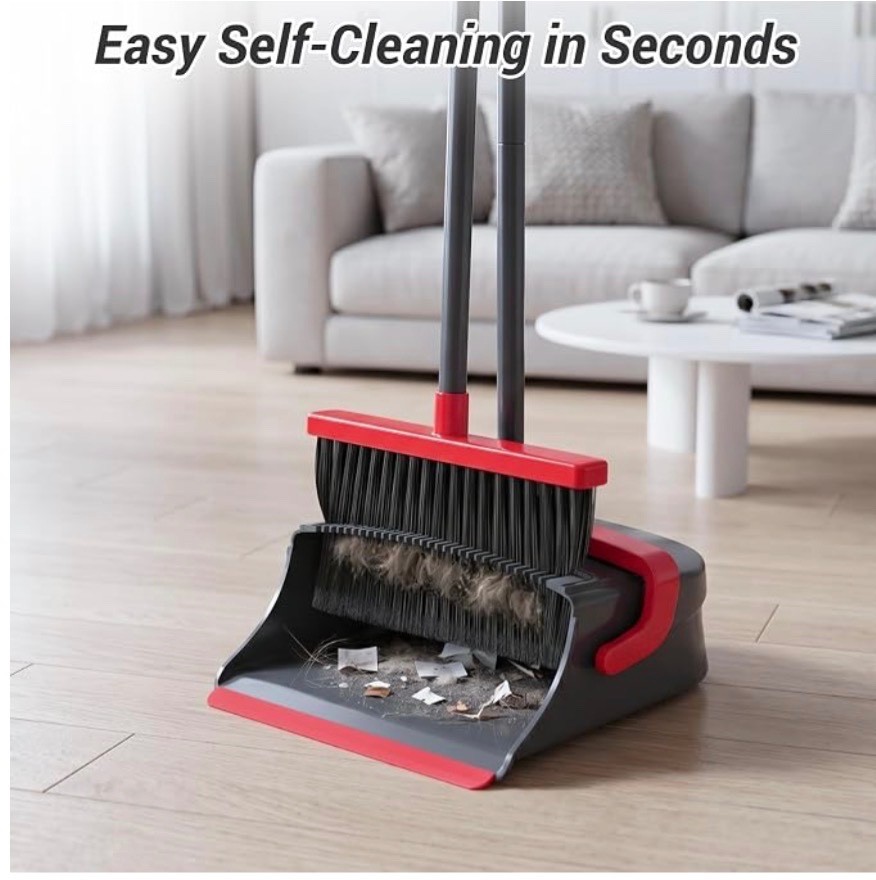 Broom Dustpan Set Long Handle Self Cleaning Pet Hair Dust Indoor Outdoor