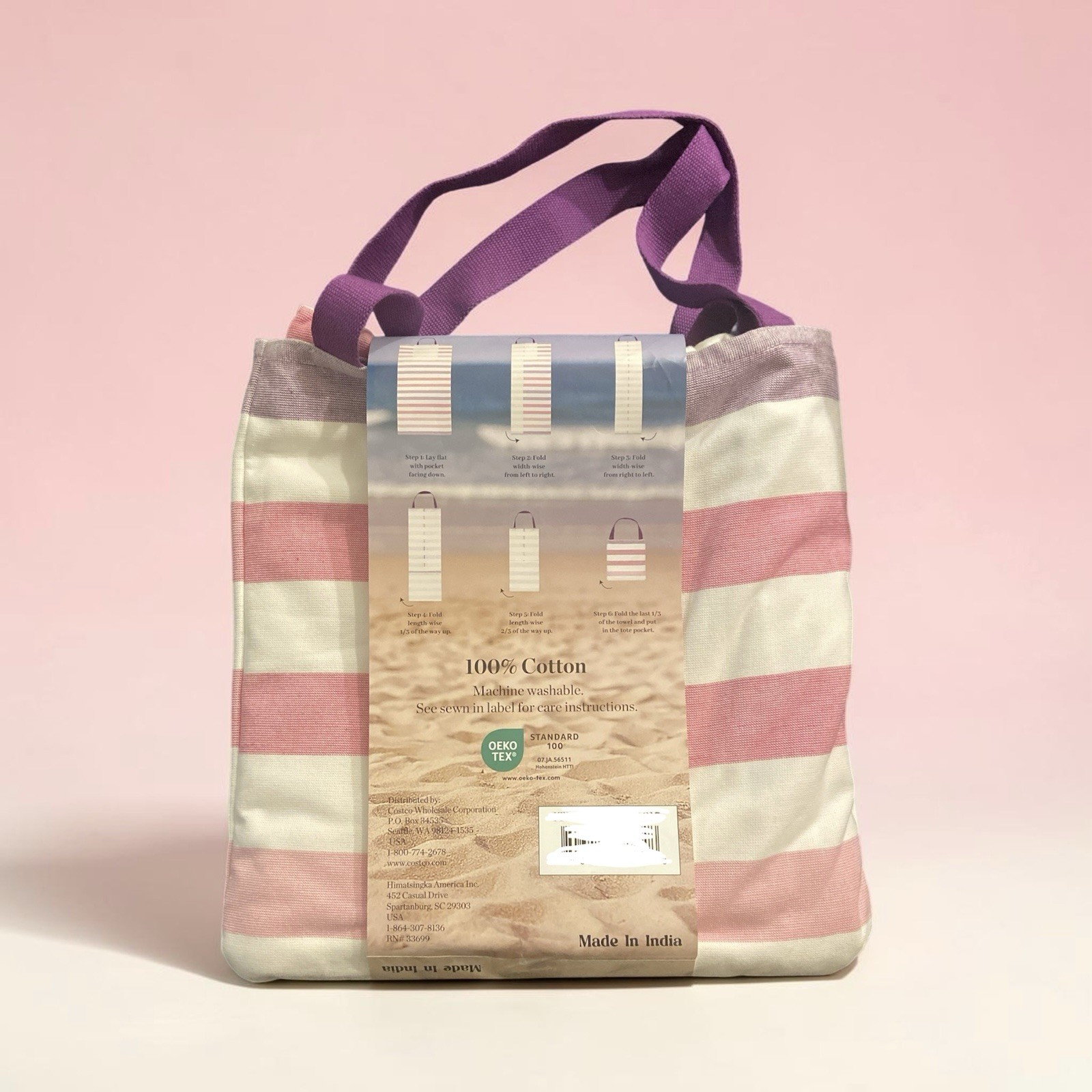2-in-1 Beach Towel Tote Bag, Pink/White Striped Cotton, Purple Handles