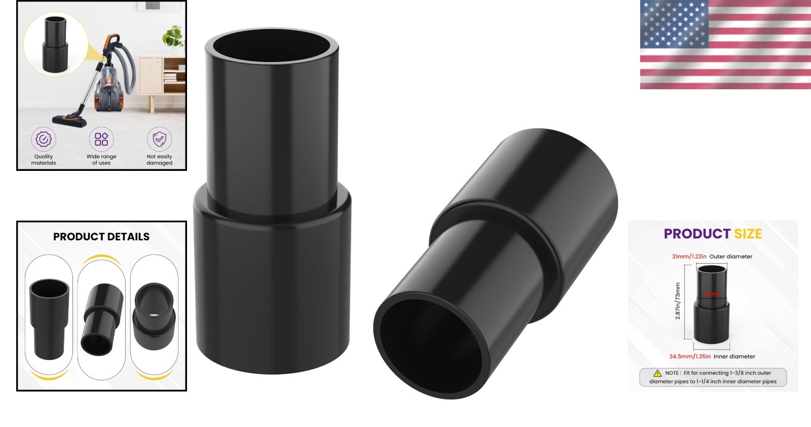 Black Plastic Vacuum Hose Connector Reducer – Connects 1-3/8″ OD to 1-1/4″ ID
