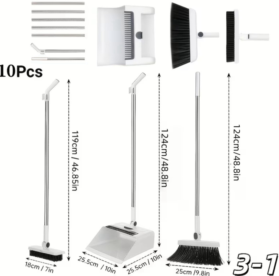 3-in-1 Long Handle Broom Dustpan Set Floor Brush Upright Home Cleaning Kit