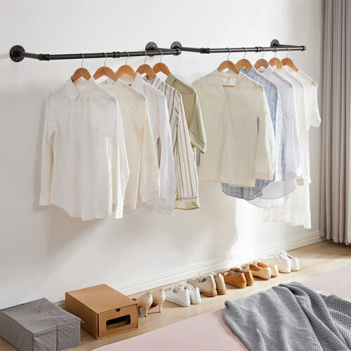 2X Wall Mounted Clothes Rack Industrial Pipe Clothes Hanging Bar Space Saving