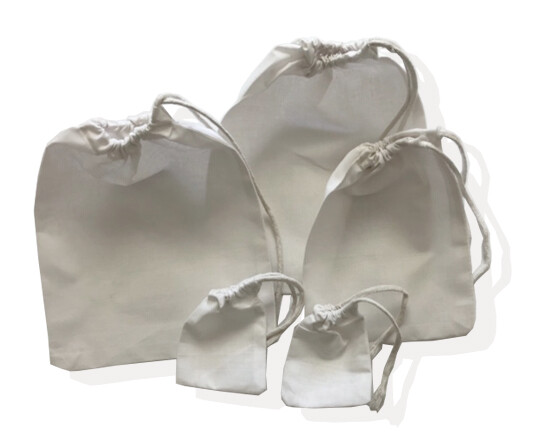 White Poly – Cotton Bags, Reusable Produce Bags, Single Drawstring – lot